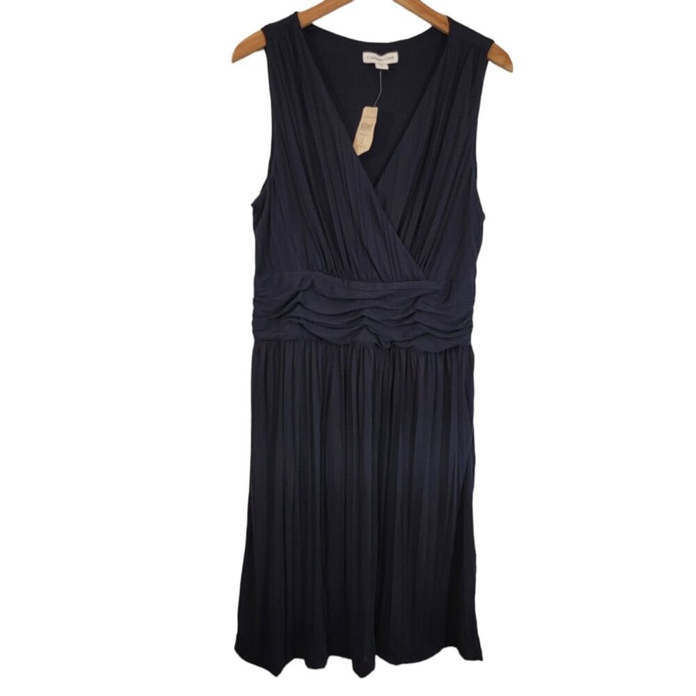 NWT‎ Coldwater Creek Dress Sleeveless Pleat Front Navy Blue Sz 16 NEW